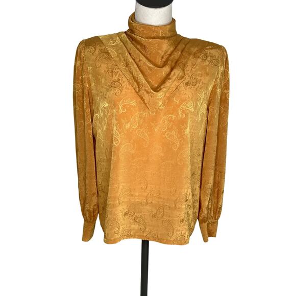 Vintage 80’s mustard gold paisley blouse with draped neckline size medium - Picture 1 of 6